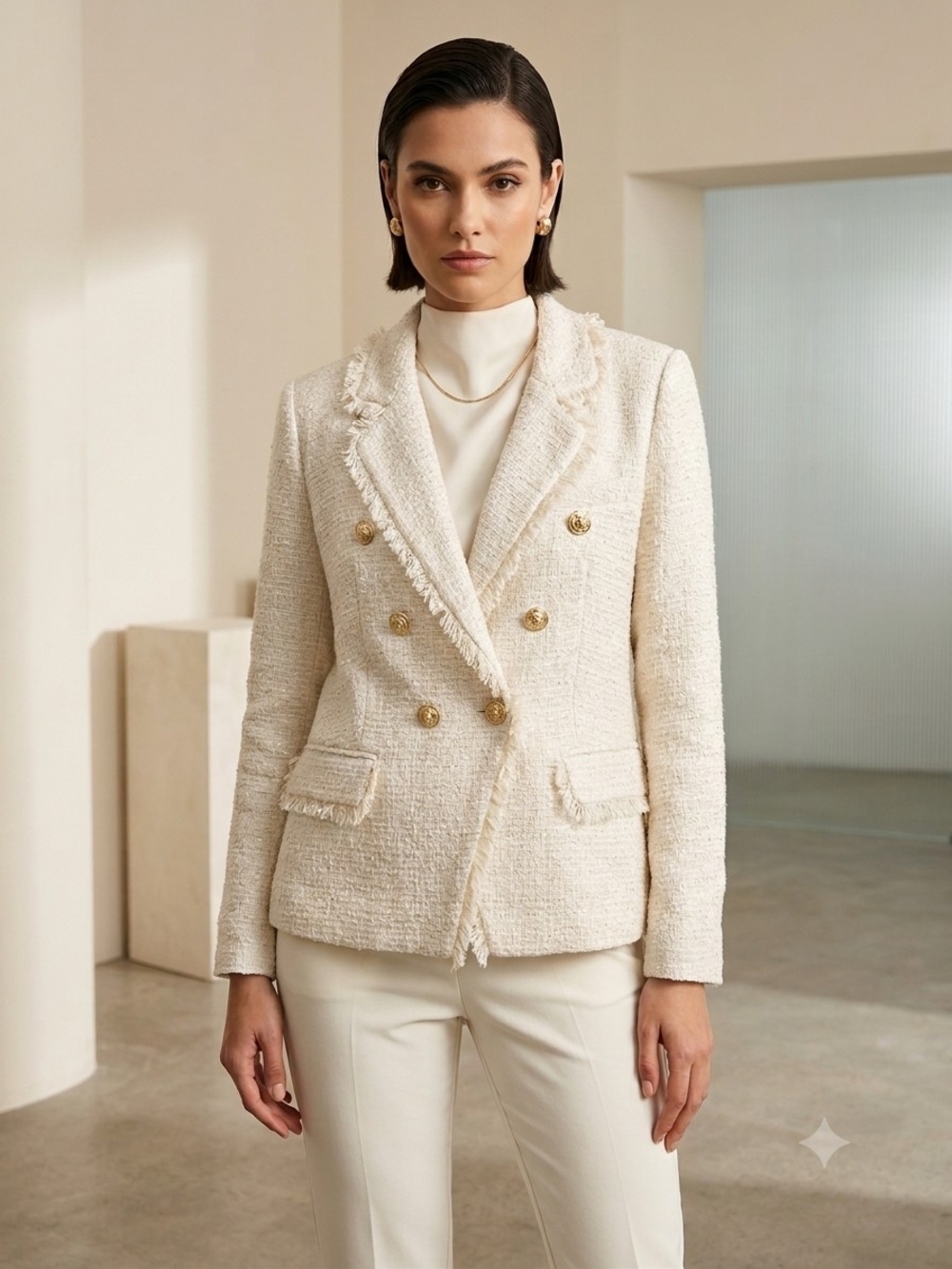 VICI Cream Tweed Double Breasted Blazer Gold Buttons Large